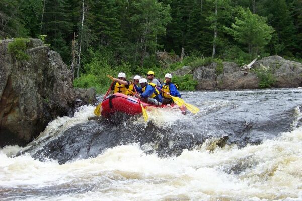 Boaters About to Go Through a Wave While Whitewater Rafting